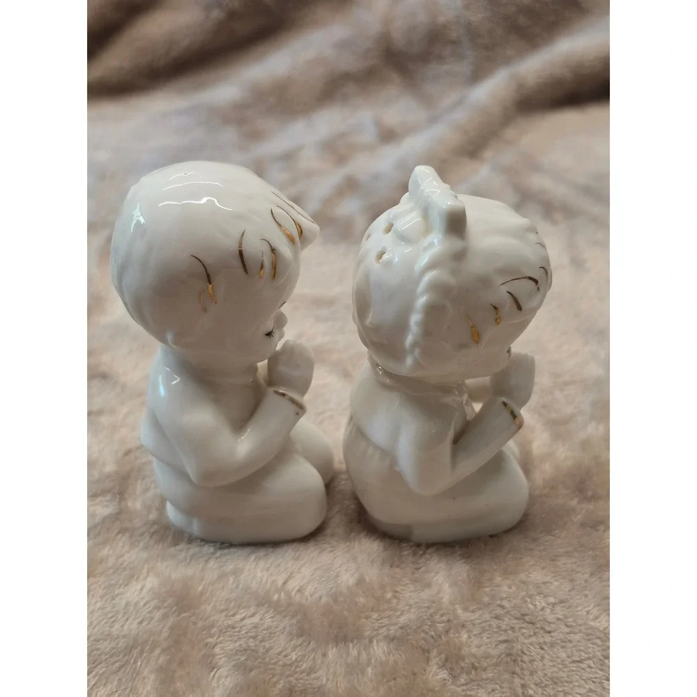 Vintage Praying Boy and Girl Salt and Pepper Shakers Ceramic Gold Gilt Japan